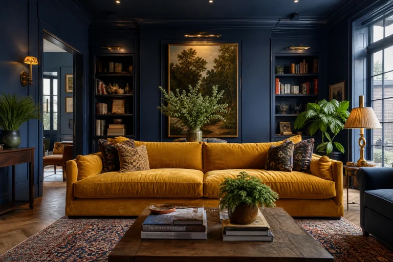 25 Beautiful Blue and Mustard Living Room Decorating Ideas