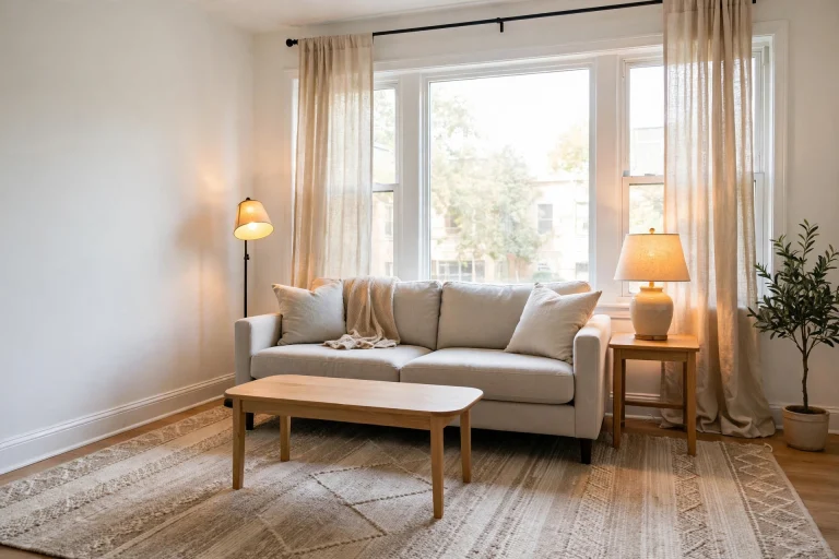 Apartment living room with renter-friendly decor, layered lighting, and a correctly sized area rug in a real home