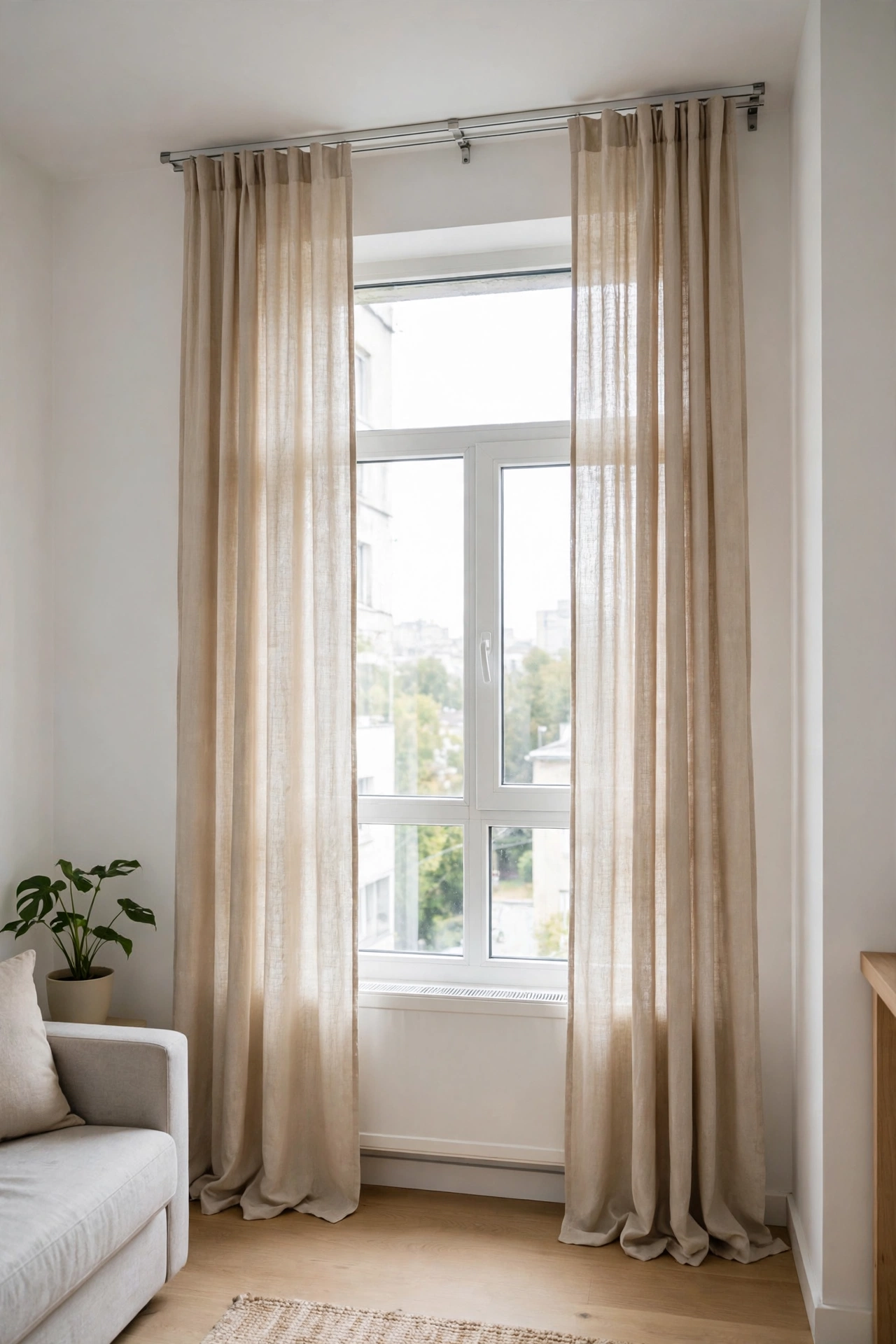 Ceiling-height curtains hung with no-drill adhesive rod holders in an apartment living room