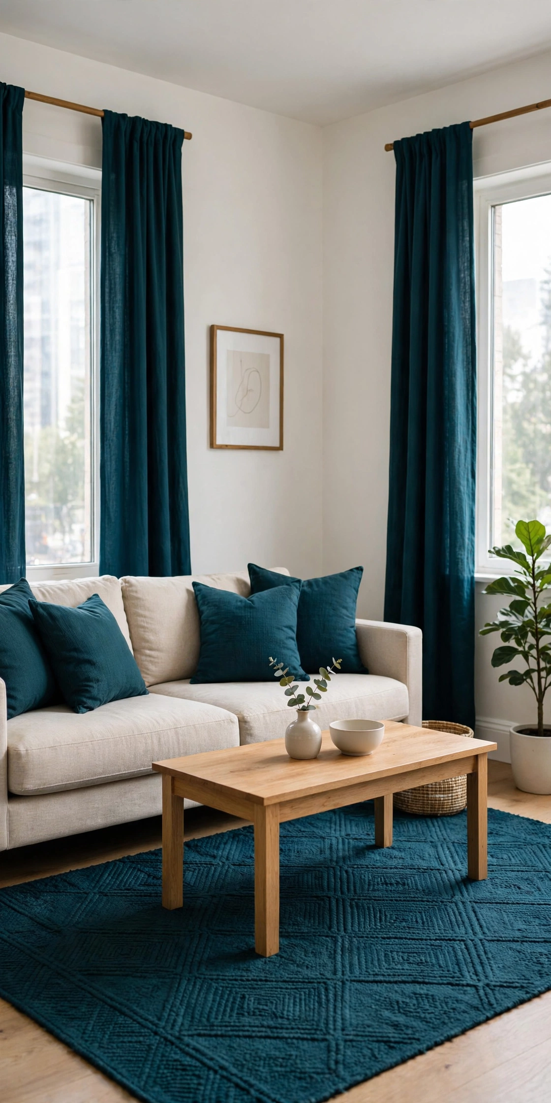 Apartment living room with color carried through rug, sofa textiles, and curtains on white walls