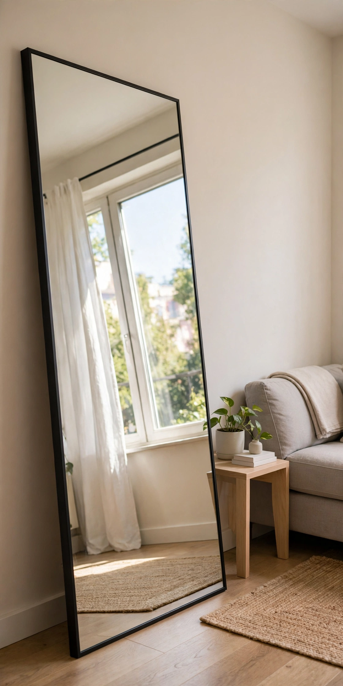 Oversized full-length mirror leaning against the wall in a small apartment living room