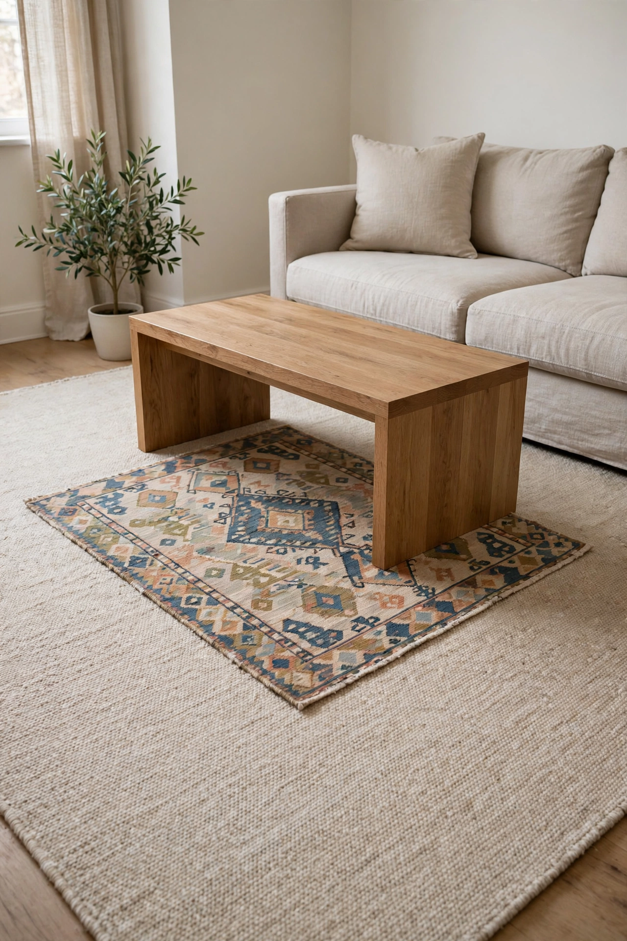 Small patterned rug layered over a large neutral area rug in an apartment living room