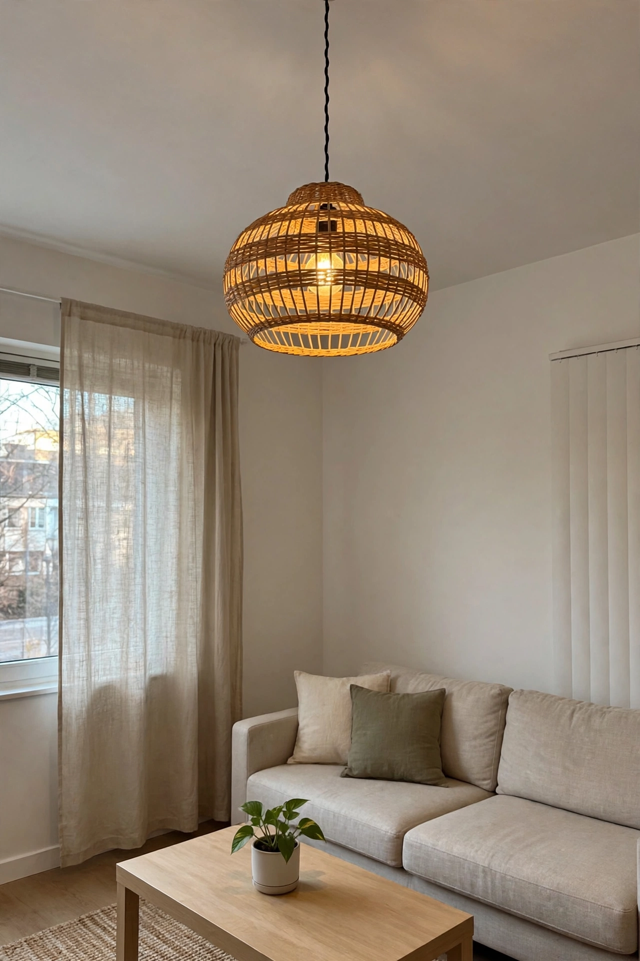 Renter-friendly pendant shade swapped over the original landlord light fixture in an apartment