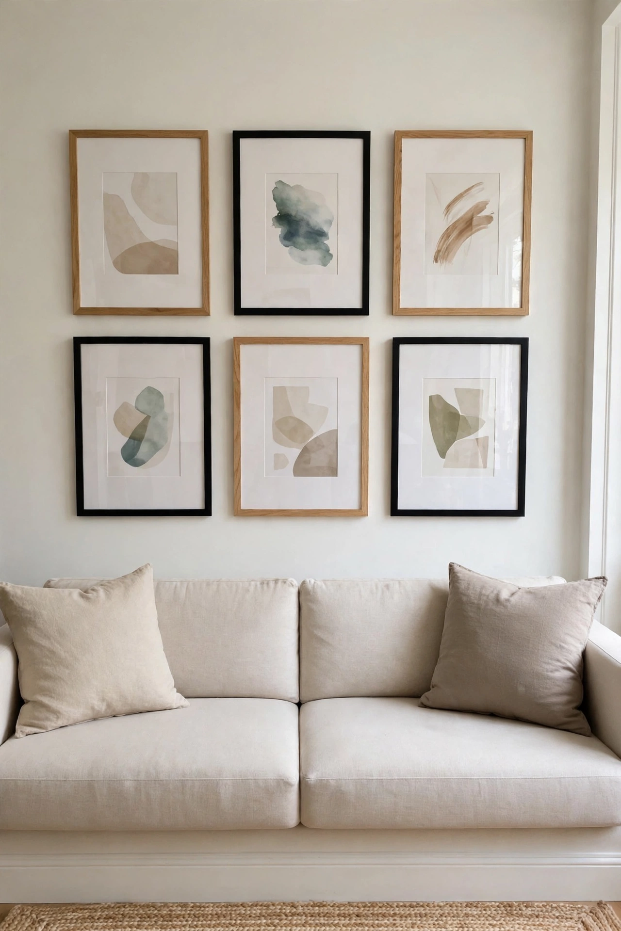Gallery wall hung with Command strips above a sofa in a rental living room
