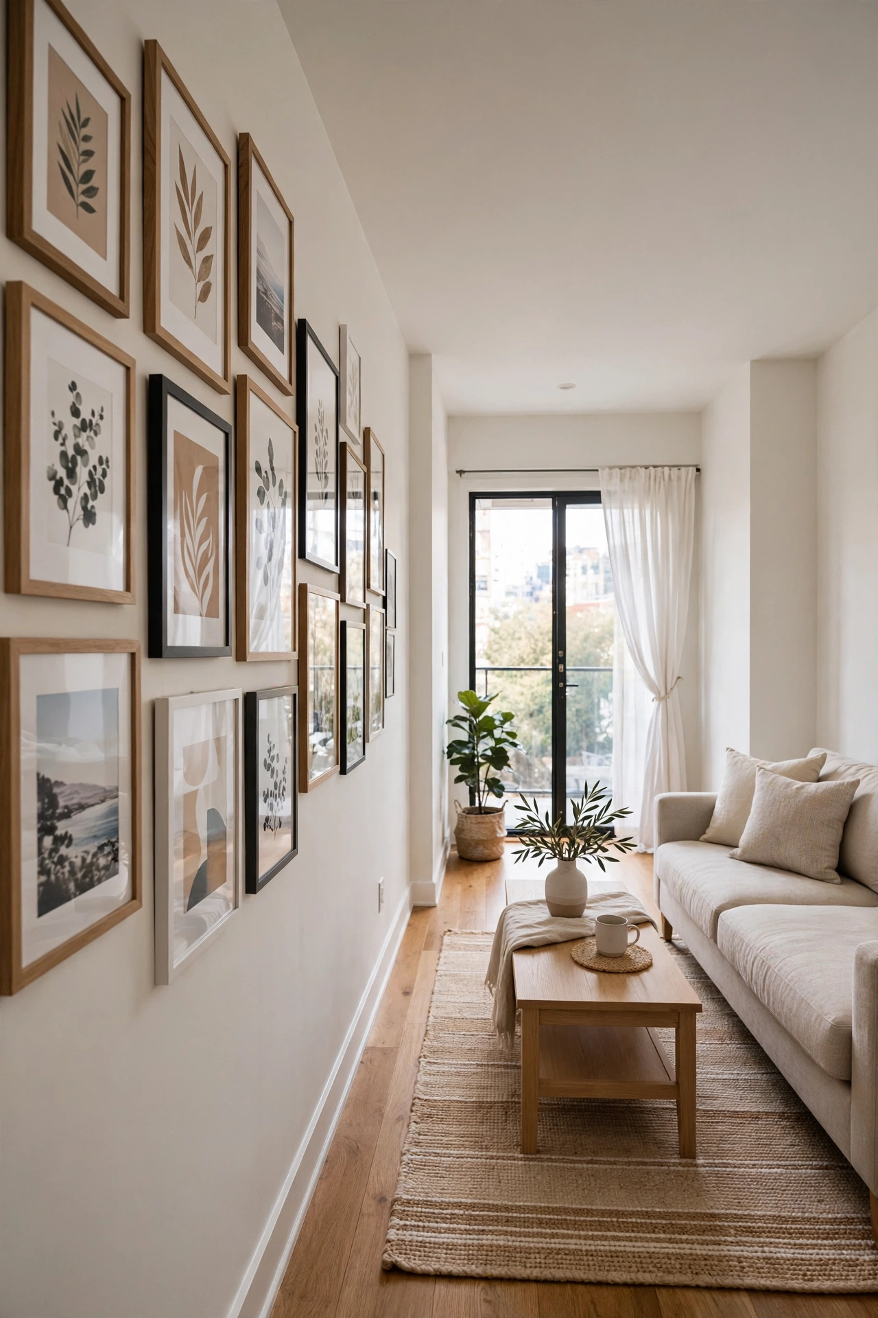 Gallery wall arranged along the long side of a narrow apartment living room