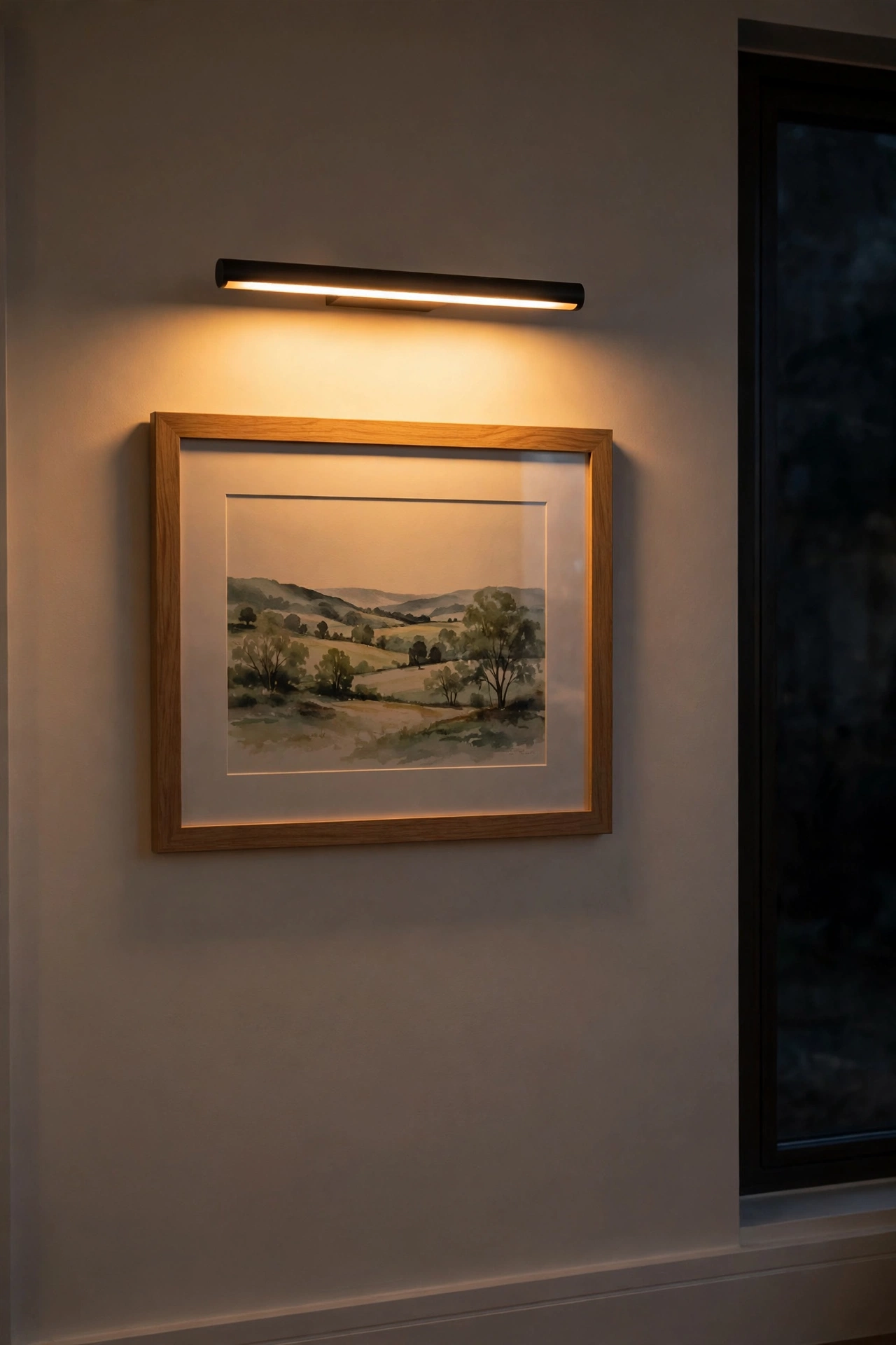 Battery-powered picture light glowing over framed art in an apartment living room