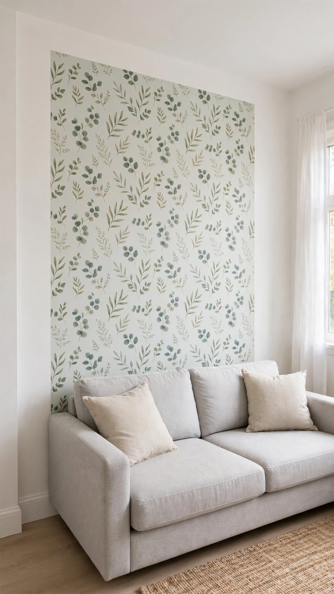 Peel-and-stick wallpaper accent panel behind a sofa in a rental living room
