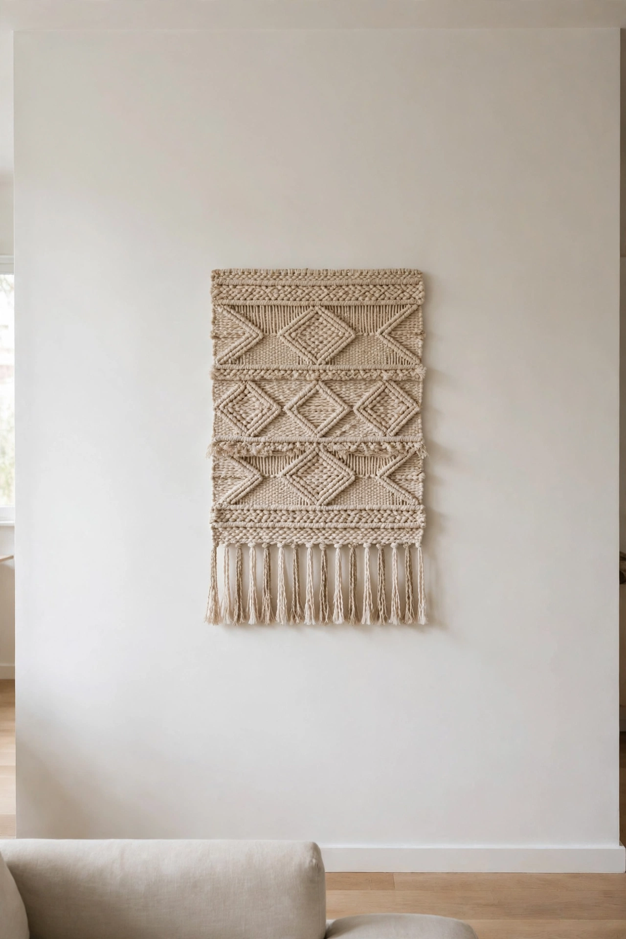 Woven fabric wall hanging softening sound on a bare apartment living room wall