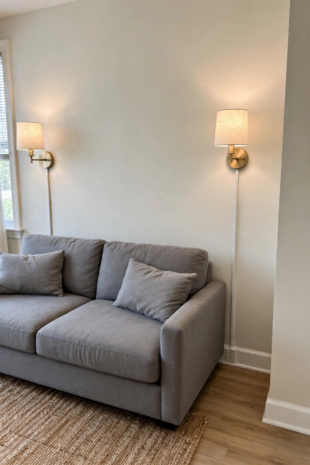 Plug-in wall sconces flanking a sofa in a rental living room with cord covers