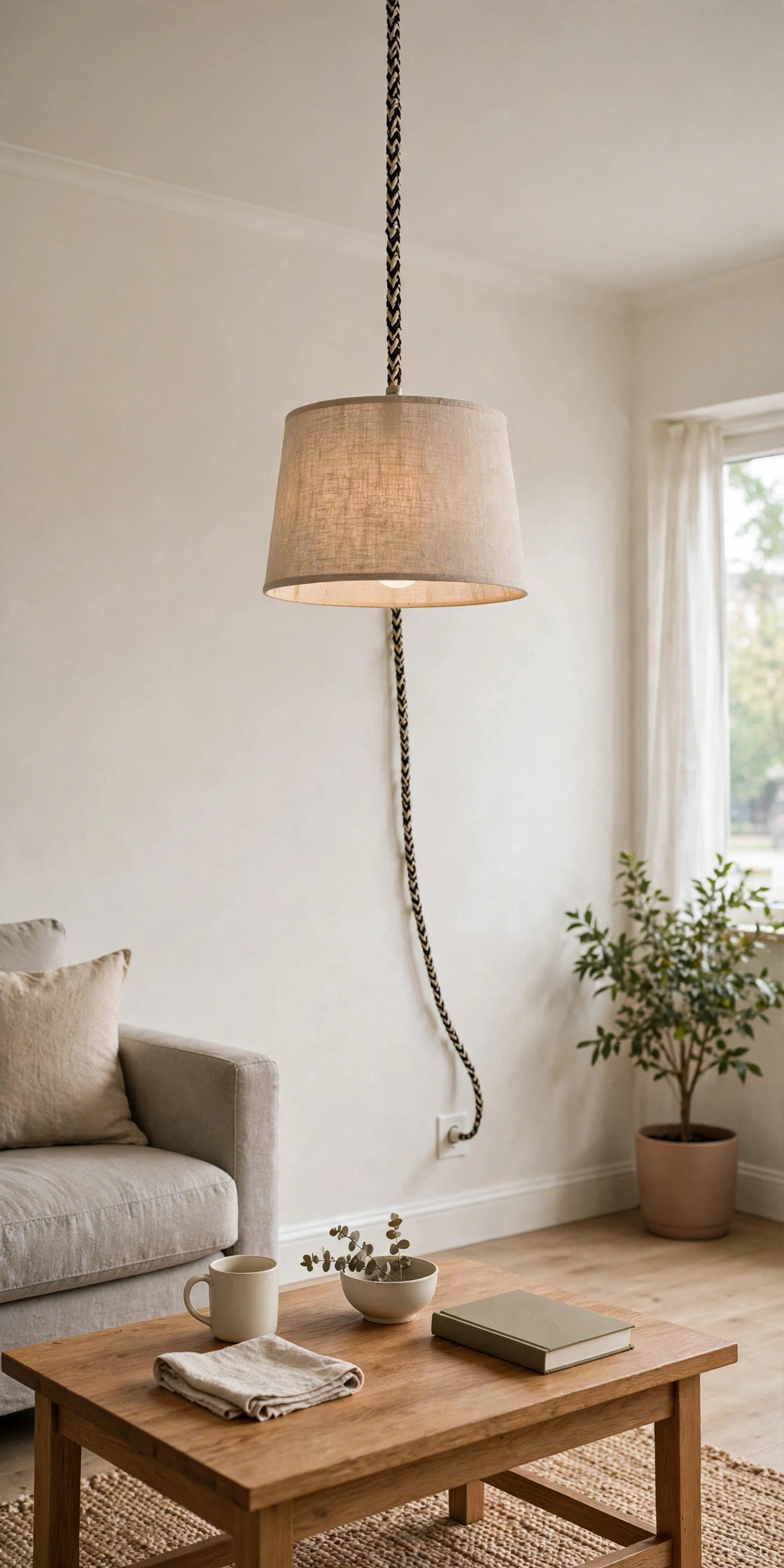 Plug-in swag pendant hanging over a coffee table in an apartment living room