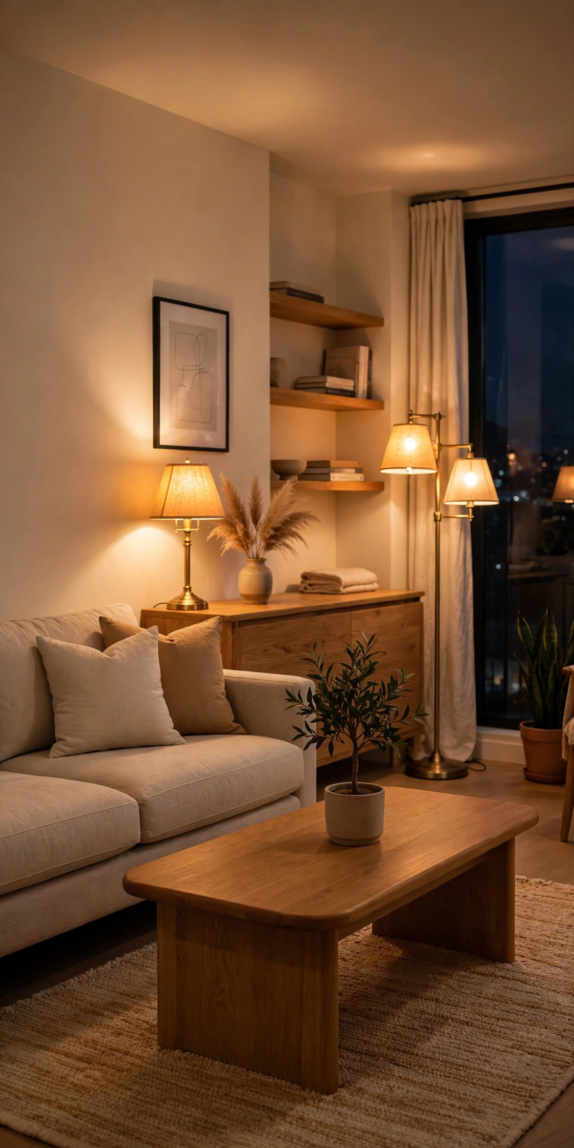 Warm 2700K LED bulbs glowing in every lamp of an apartment living room