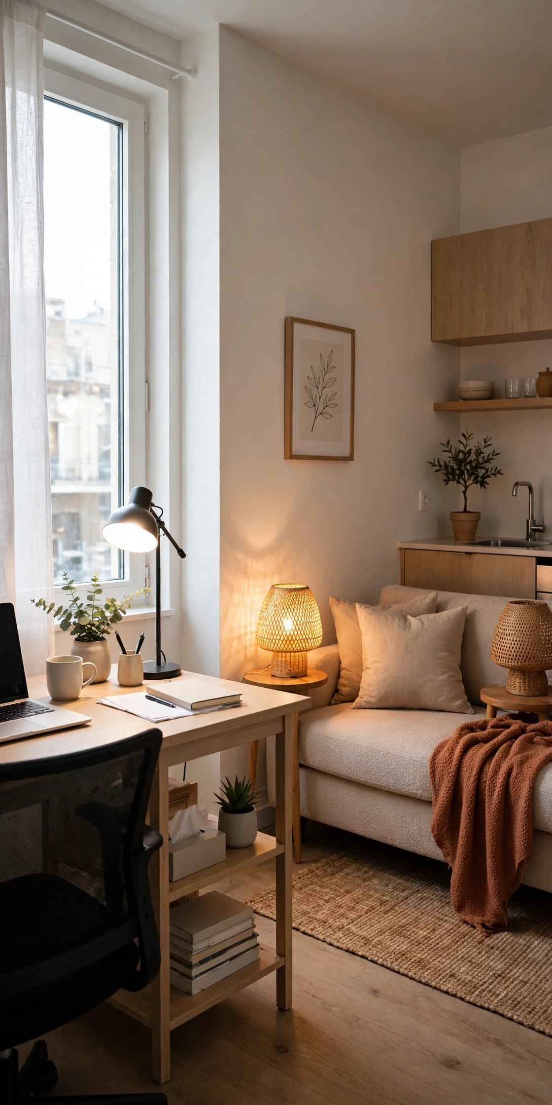 Apartment living room with separate lighting zones for work and lounge areas