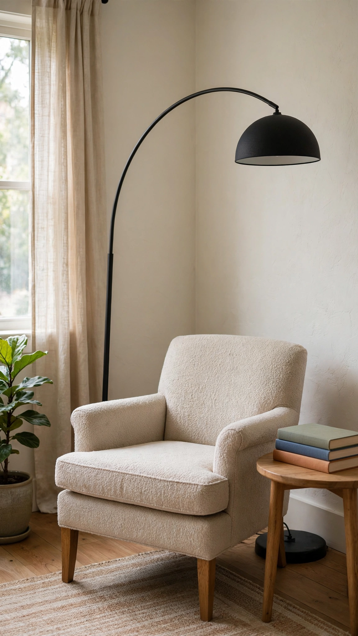 Floor lamp arched behind a reading chair in a cozy apartment living room corner