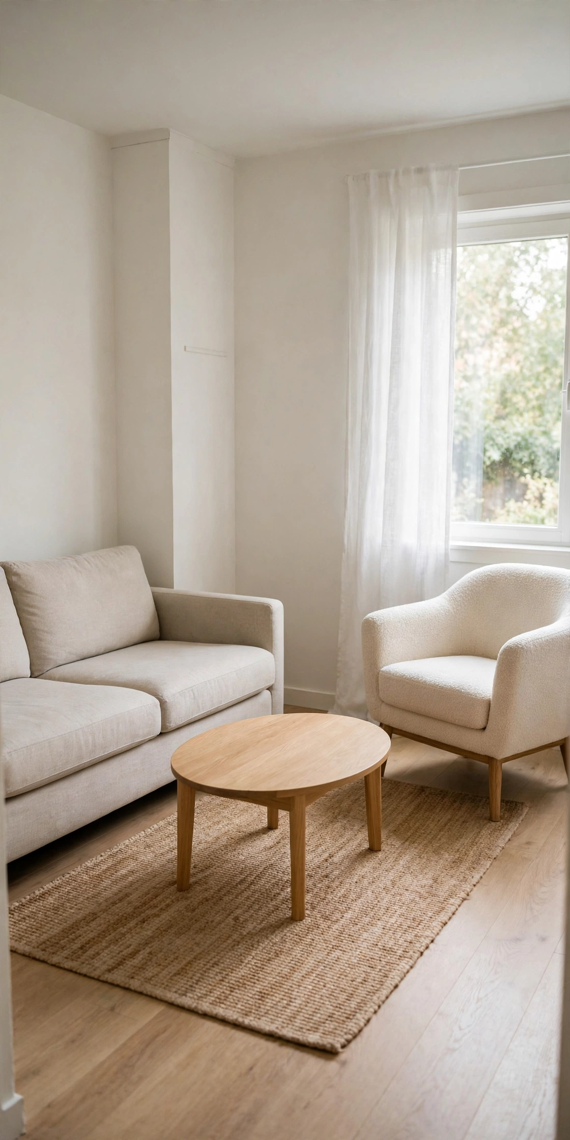 Small apartment living room calmed by fewer, larger furniture pieces