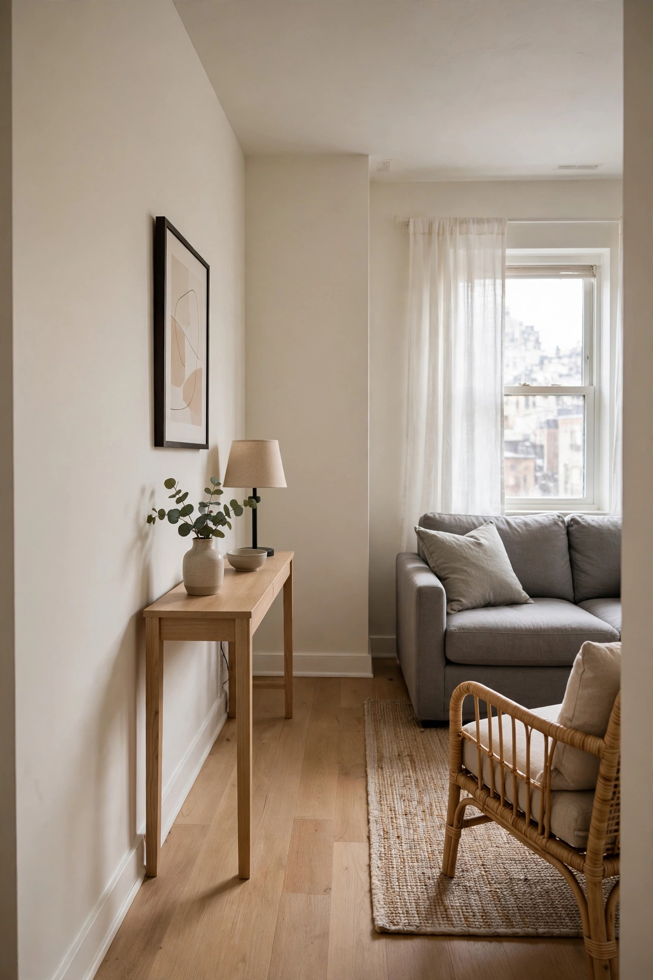 Slim-depth console table keeping the walkway open in a narrow apartment living room