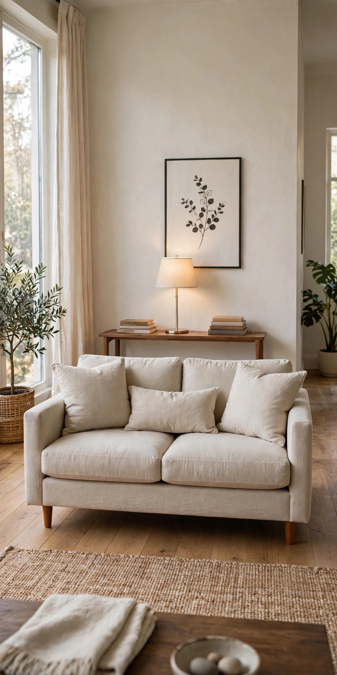 Sofa floated off the wall with a slim console behind it in an apartment living room