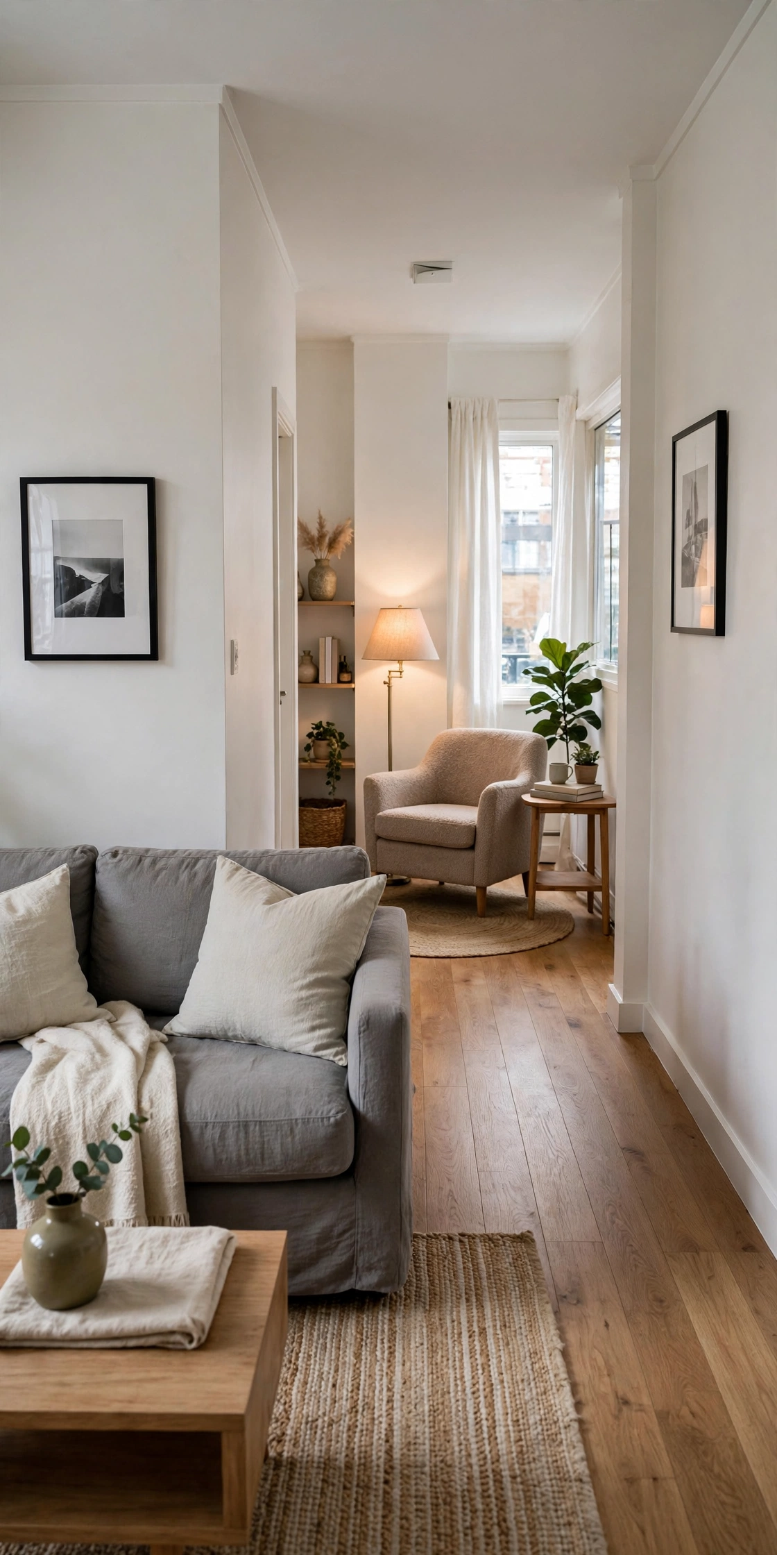 Long narrow apartment living room zoned into lounge and reading ends with two rugs