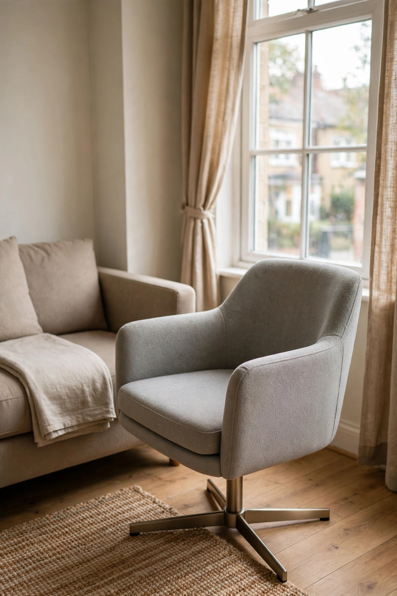 Swivel accent chair turned toward the conversation in a small apartment living room