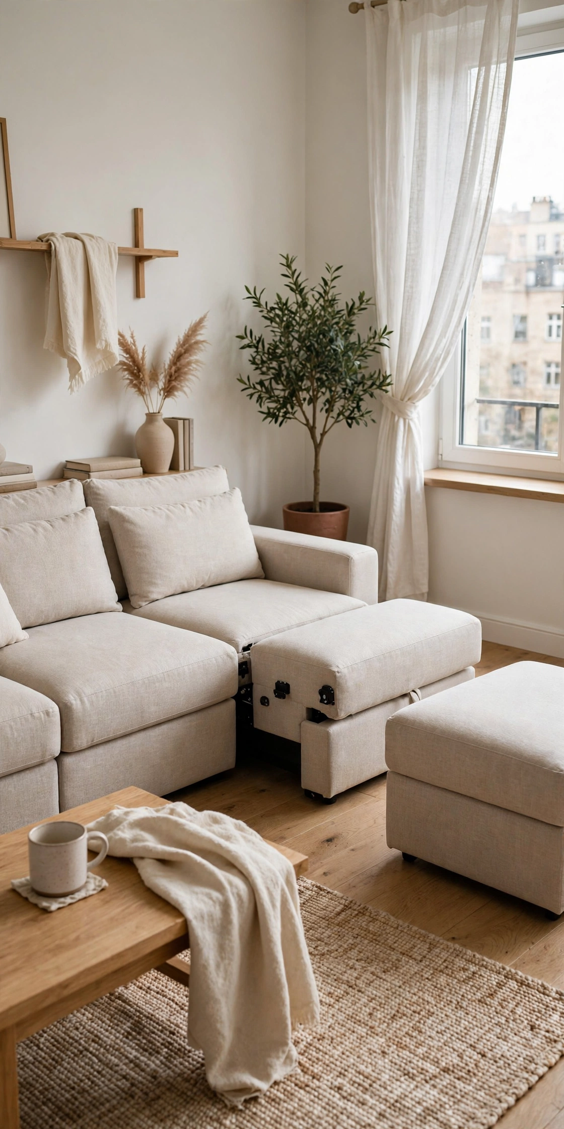 Modular sectional sofa that disassembles for moving in an apartment living room