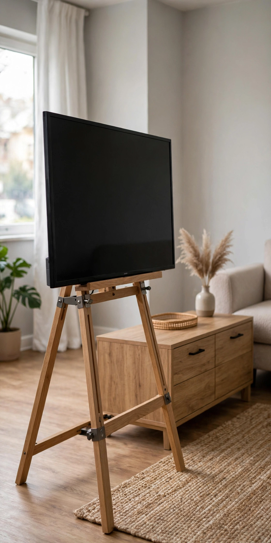 TV on a floor-standing stand with no wall mounting in a rental living room