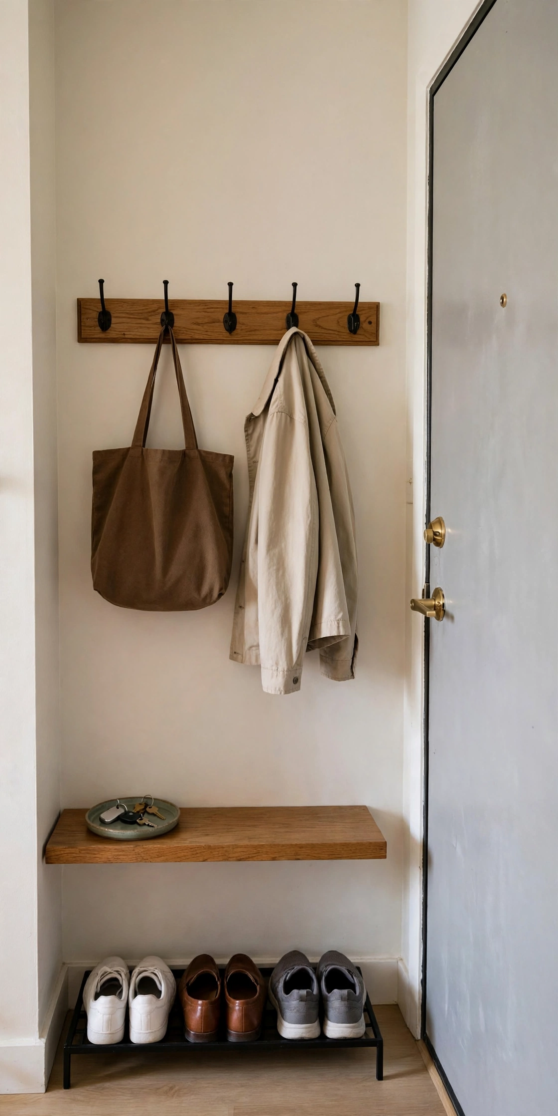Entry drop zone with hook rail and key tray by an apartment front door