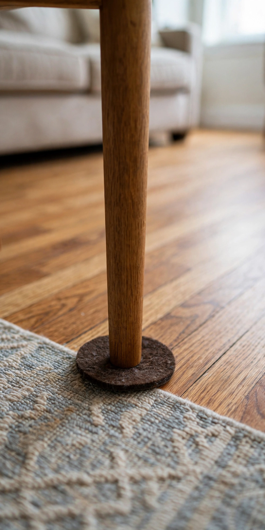 Felt pads under furniture legs protecting hardwood floors in an apartment living room