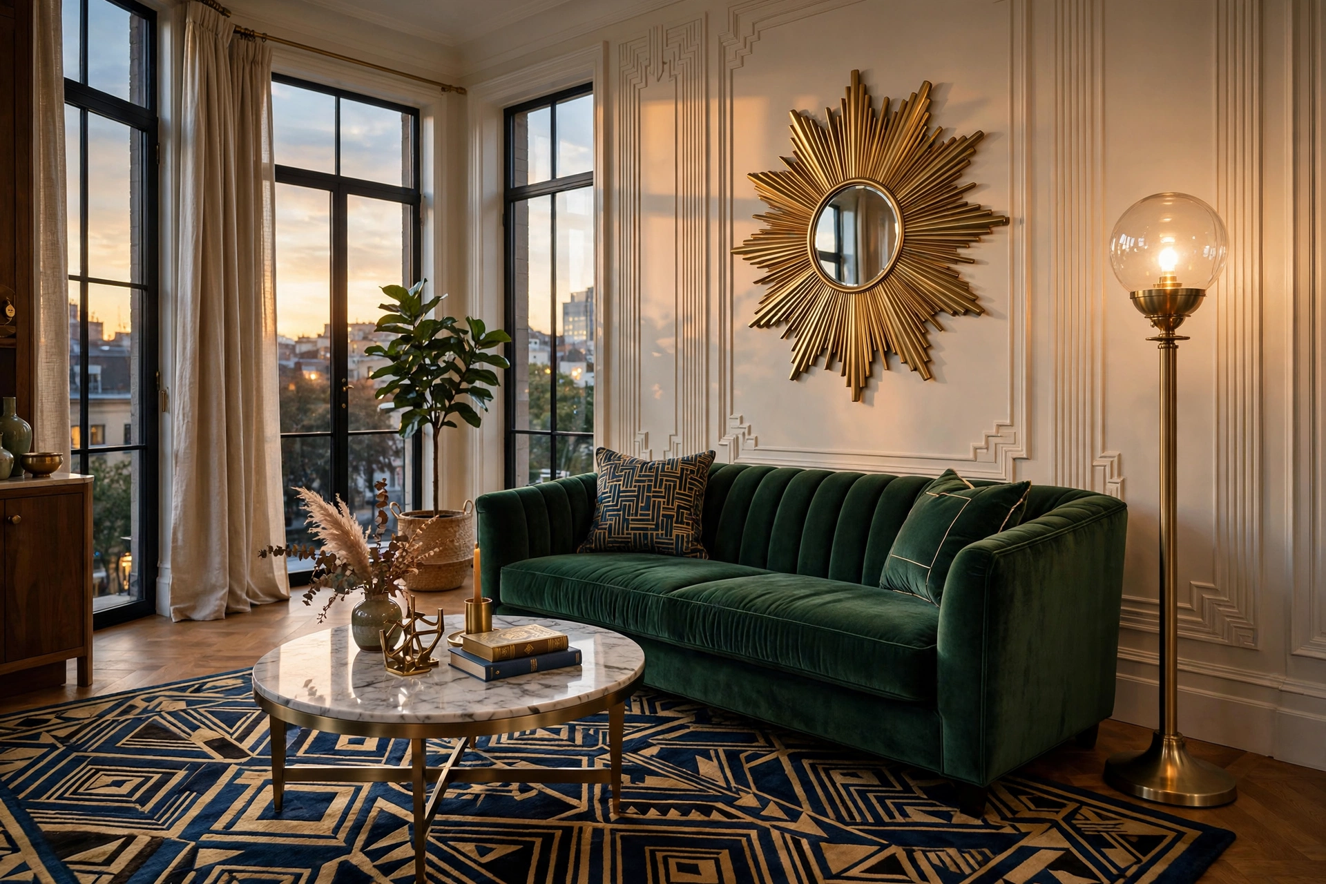 Neo Deco living room with emerald velvet sofa, brass sunburst mirror and marble coffee table