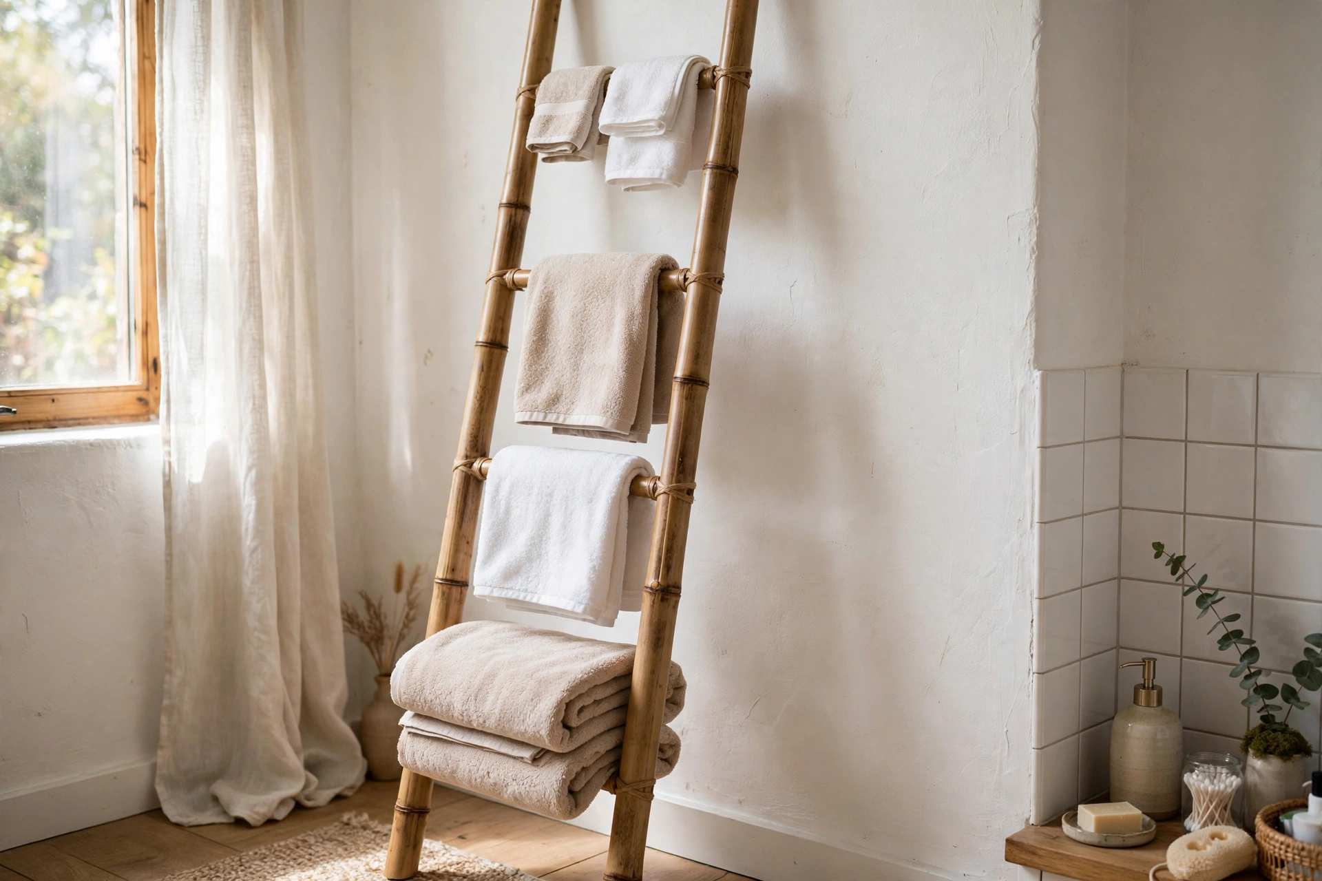 Tall natural bamboo ladder with towels layered by size in a bathroom